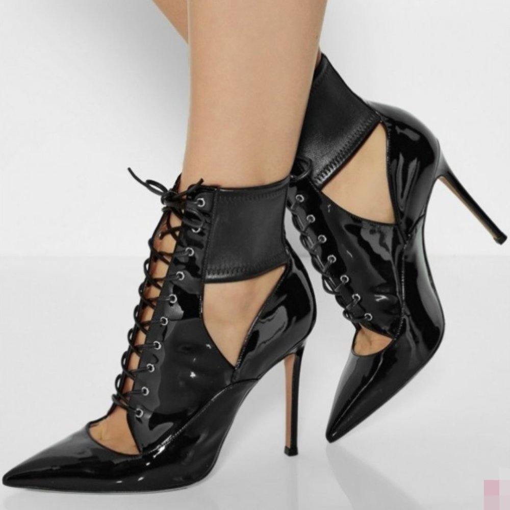 FSJ Black Patent Leather Cut Out Boots Pointy Toe